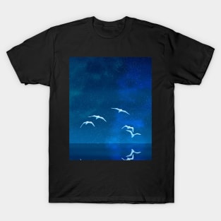 Fantasy Night Time Glowing Bird Reflection Landscape Painting T-Shirt